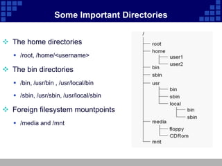 Some Important Directories


 The home directories
    /root, /home/<username>

 The bin directories
    /bin, /usr/bin , /usr/local/bin

    /sbin, /usr/sbin, /usr/local/sbin

 Foreign filesystem mountpoints
    /media and /mnt
 