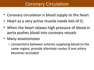 • Coronary circulation is blood supply to the heart
• Heart as a very active muscle needs lots of O2
• When the heart relaxes high pressure of blood in
aorta pushes blood into coronary vessels
• Many anastomoses
– connections between arteries supplying blood to the
same region, provide alternate routes if one artery
becomes occluded
Coronary Circulation
 