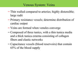 – Thin walled compared to arteries; highly distensible;
large radii
– Primary resistance vessels; determine distribution of
cardiac output
– Veins are formed when venules converge
– Composed of three tunics, with a thin tunica media
and a thick tunica externa consisting of collagen
fibers and elastic networks
– Capacitance vessels (blood reservoirs) that contain
65% of the blood supply
Venous System: Veins
 