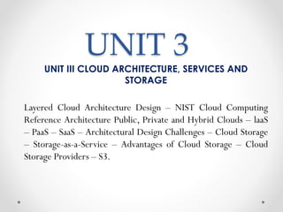UNIT 3
UNIT III CLOUD ARCHITECTURE, SERVICES AND
STORAGE
Layered Cloud Architecture Design – NIST Cloud Computing
Reference Architecture Public, Private and Hybrid Clouds – laaS
– PaaS – SaaS – Architectural Design Challenges – Cloud Storage
– Storage-as-a-Service – Advantages of Cloud Storage – Cloud
Storage Providers – S3.
 