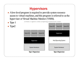 Hypervisors
● Alow-level program is required to provide system resource
access to virtual machines,and this program is referred to as the
hypervisor orV
irtual Machine Monitor (VMM).
● T
ype 1
● Type2
 