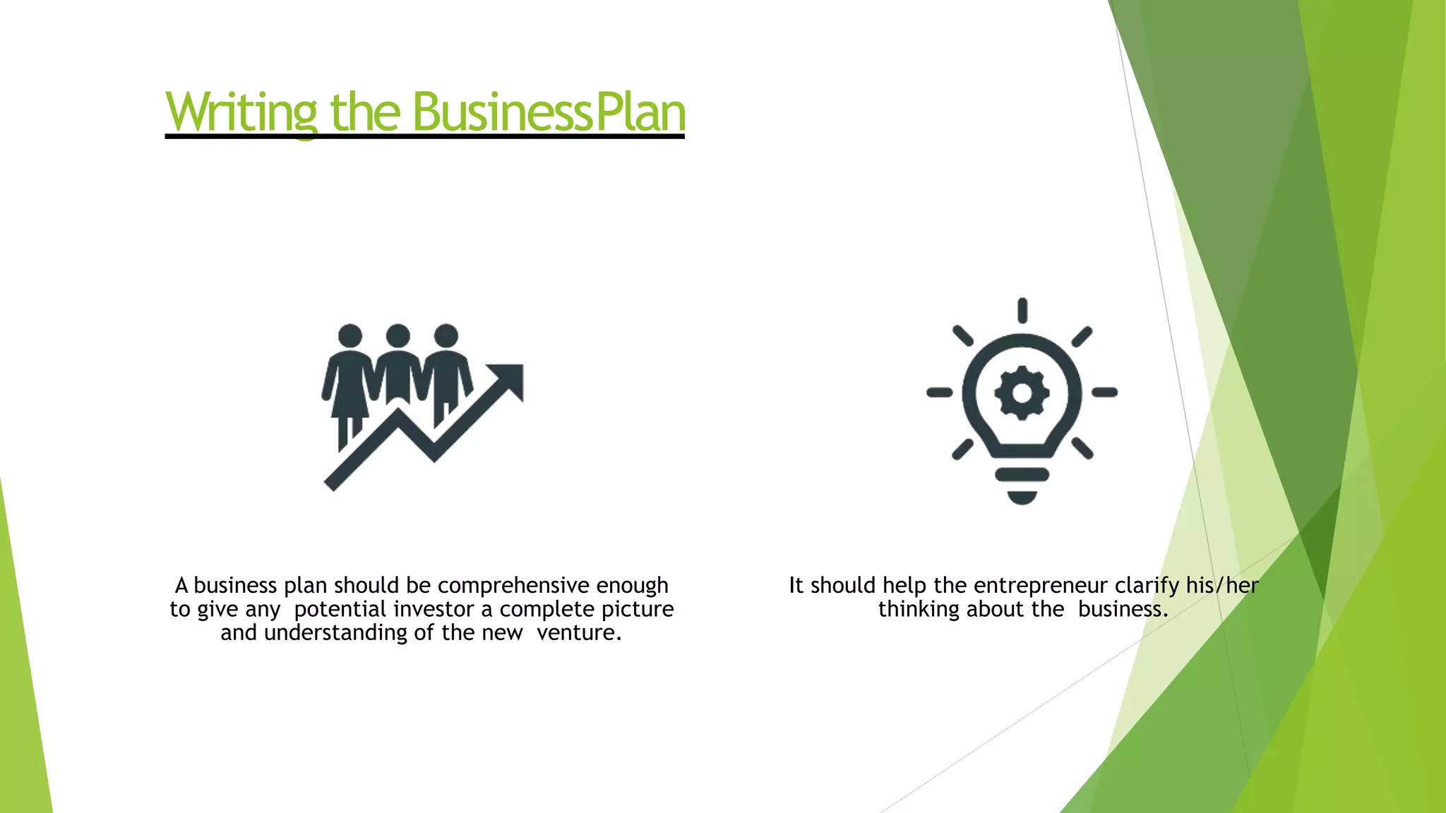 Writing the BusinessPlan
A business plan should be comprehensive enough
to give any potential investor a complete picture
and understanding of the new venture.
It should help the entrepreneur clarify his/her
thinking about the business.
 