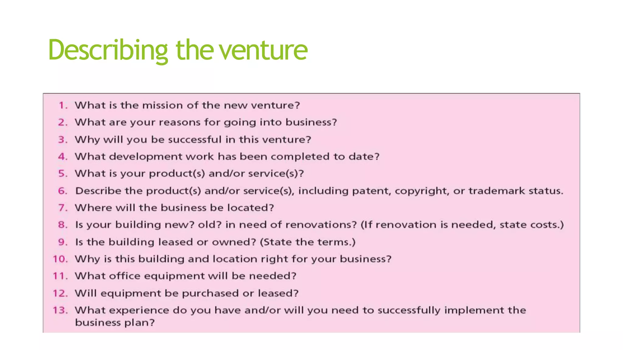 Describing theventure
 