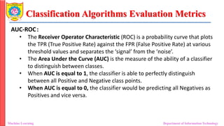 Classification Algorithms Evaluation Metrics
Machine Learning Department of Information Technology
AUC-ROC:
• The Receiver Operator Characteristic (ROC) is a probability curve that plots
the TPR (True Positive Rate) against the FPR (False Positive Rate) at various
threshold values and separates the ‘signal’ from the ‘noise’.
• The Area Under the Curve (AUC) is the measure of the ability of a classifier
to distinguish between classes.
• When AUC is equal to 1, the classifier is able to perfectly distinguish
between all Positive and Negative class points.
• When AUC is equal to 0, the classifier would be predicting all Negatives as
Positives and vice versa.
 