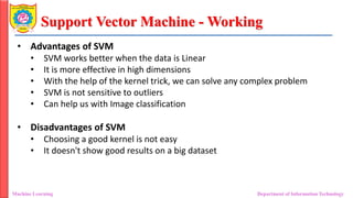 Support Vector Machine - Working
Machine Learning Department of Information Technology
• Advantages of SVM
• SVM works better when the data is Linear
• It is more effective in high dimensions
• With the help of the kernel trick, we can solve any complex problem
• SVM is not sensitive to outliers
• Can help us with Image classification
• Disadvantages of SVM
• Choosing a good kernel is not easy
• It doesn't show good results on a big dataset
 