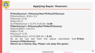 ML- Unit-III CLASSIFICATION Department of IT
Applying Bayes 'theorem:
12
P(Yes|Sunny)= P(Sunny|Yes)*P(Yes)/P(Sunny)
P(Sunny|Yes)= 3/10= 0.3
P(Sunny)= 0.35
P(Yes)=0.71
So P(Yes|Sunny) = 0.3*0.71/0.35= 0.60
P(No|Sunny)= P(Sunny|No)*P(No)/P(Sunny)
P(Sunny|NO)= 2/4=0.5
P(No)= 0.29
P(Sunny)= 0.35
So P(No|Sunny)= 0.5*0.29/0.35 = 0.41
So as we can see from the above calculation that P(Yes|
Sunny)>P(No|Sunny)
Hence on a Sunny day, Player can play the game.
 