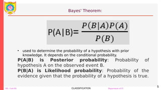 ML- Unit-III CLASSIFICATION Department of IT
Bayes' Theorem:
5
• used to determine the probability of a hypothesis with prior
knowledge. It depends on the conditional probability.
P(A|B) is Posterior probability: Probability of
hypothesis A on the observed event B.
P(B|A) is Likelihood probability: Probability of the
evidence given that the probability of a hypothesis is true.
 