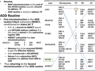 • Assume,
– MAP microinstruction at the end of
the FETCH routine caused a branch
to address ‘0’
– ADD routine is stored in address ‘0’
ADD Routine
• First microinstruction in the ADD
routine CALLS subroutine INDRCT,
conditioned on status bit ‘I’
– If I = 1, a branch to INDRCT occurs
– and RETURN address (address 1 in
this case) is stored in the subroutine
register SBR
– INDRCT subroutine has two
microinstructions:
– Memory has to be accessed (READ)
to get the Effective Address
– then transferred to AR (DRTAR)
– Return from subroutine (RET)
transfers the address from SBR to
CAR
• Thus returning to the Second
microinstruction of the ADD routine
 