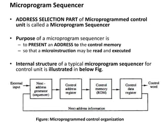 Microprogram Sequencer
• ADDRESS SELECTION PART of Microprogrammed control
unit is called a Microprogram Sequencer
• Purpose of a microprogram sequencer is
– to PRESENT an ADDRESS to the control memory
– so that a microinstruction may be read and executed
• Internal structure of a typical microprogram sequencer for
control unit is illustrated in below Fig.
Figure: Microprogrammed control organization
 