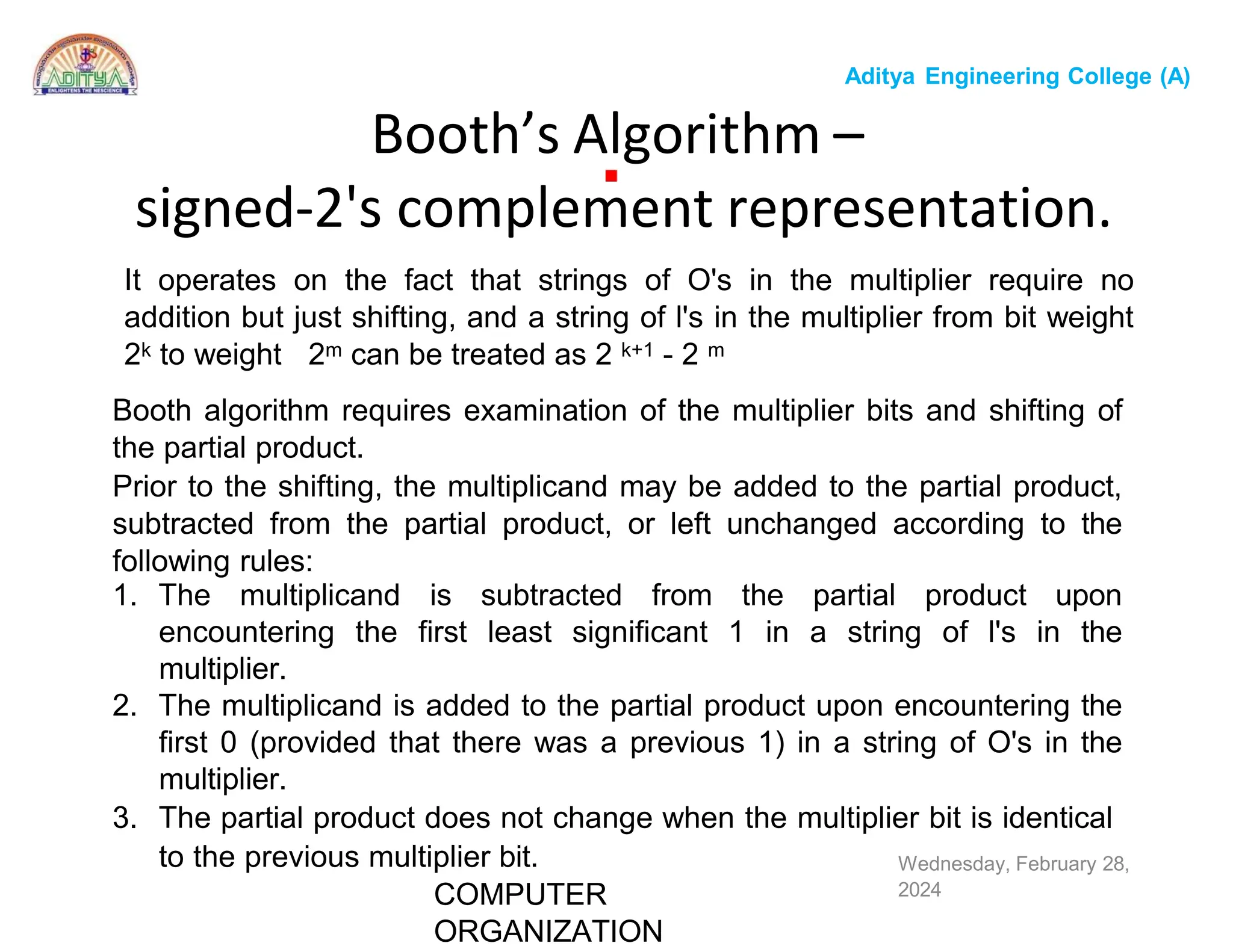 Computer organization algorithms like addition and subtraction and ...