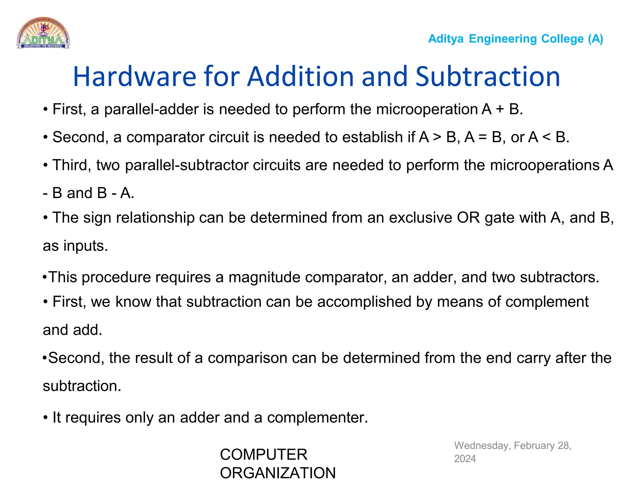 Computer organization algorithms like addition and subtraction and ...