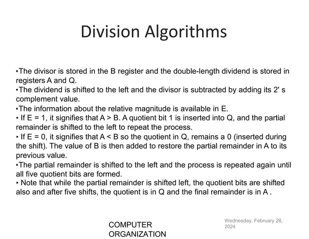 Computer organization algorithms like addition and subtraction and ...
