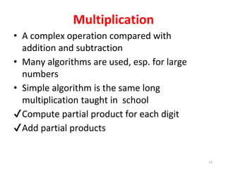 15
Multiplication
• A complex operation compared with
addition and subtraction
• Many algorithms are used, esp. for large
numbers
• Simple algorithm is the same long
multiplication taught in school
✔Compute partial product for each digit
✔Add partial products
 