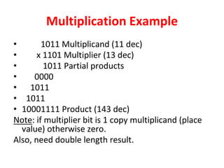 Multiplication Example
• 1011 Multiplicand (11 dec)
• x 1101 Multiplier (13 dec)
• 1011 Partial products
• 0000
• 1011
• 1011
• 10001111 Product (143 dec)
Note: if multiplier bit is 1 copy multiplicand (place
value) otherwise zero.
Also, need double length result.
 