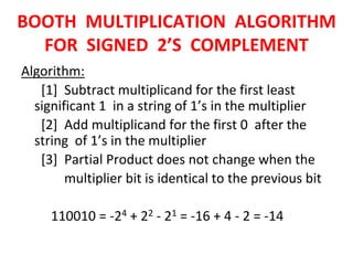 BOOTH MULTIPLICATION ALGORITHM
FOR SIGNED 2’S COMPLEMENT
Algorithm:
[1] Subtract multiplicand for the first least
significant 1 in a string of 1’s in the multiplier
[2] Add multiplicand for the first 0 after the
string of 1’s in the multiplier
[3] Partial Product does not change when the
multiplier bit is identical to the previous bit
110010 = -24 + 22 - 21 = -16 + 4 - 2 = -14
 