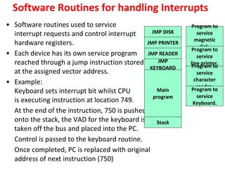 Software Routines for handling Interrupts
• Software routines used to service
interrupt requests and control interrupt
hardware registers.
• Each device has its own service program
reached through a jump instruction stored
at the assigned vector address.
• Example:
Keyboard sets interrupt bit whilst CPU
is executing instruction at location 749.
At the end of the instruction, 750 is pushed
onto the stack, the VAD for the keyboard is
taken off the bus and placed into the PC.
Control is passed to the keyboard routine.
Once completed, PC is replaced with original
address of next instruction (750)
JMP DISK
JMP PRINTER
JMP READER
JMP
KEYBOARD
Main
program
Stack
Program to
service
magnetic
disk.
Program to
service
line printer.
Program to
service
character
reader.
Program to
service
Keyboard.
 