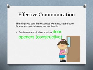 Effective Communication
The things we say, the responses we make, set the tone
for every conversation we are involved in.
Positive communication involves door
openers (constructive)
 