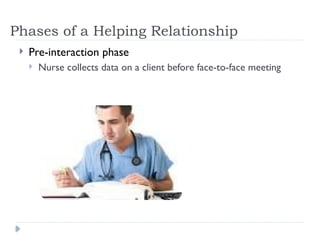 Phases of a Helping Relationship
 Pre-interaction phase
 Nurse collects data on a client before face-to-face meeting
 
