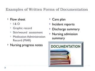 Examples of Written Forms of Documentation
 Flow sheet
 I & O
 Graphic record
 Skin/wound assessment
 Medication Administration
Record (MAR)
 Nursing progress notes
 Care plan
 Incident reports
 Discharge summary
 Nursing admission
summary
 