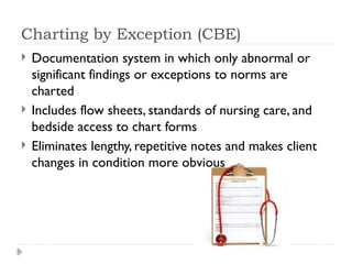 Charting by Exception (CBE)
 Documentation system in which only abnormal or
significant findings or exceptions to norms are
charted
 Includes flow sheets, standards of nursing care, and
bedside access to chart forms
 Eliminates lengthy, repetitive notes and makes client
changes in condition more obvious
 