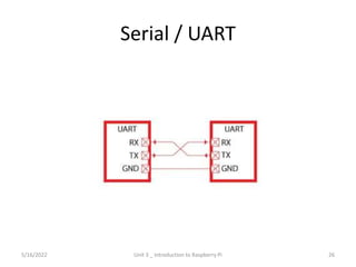 Serial / UART
26
5/16/2022 Unit 3 _ Introduction to Raspberry Pi
 