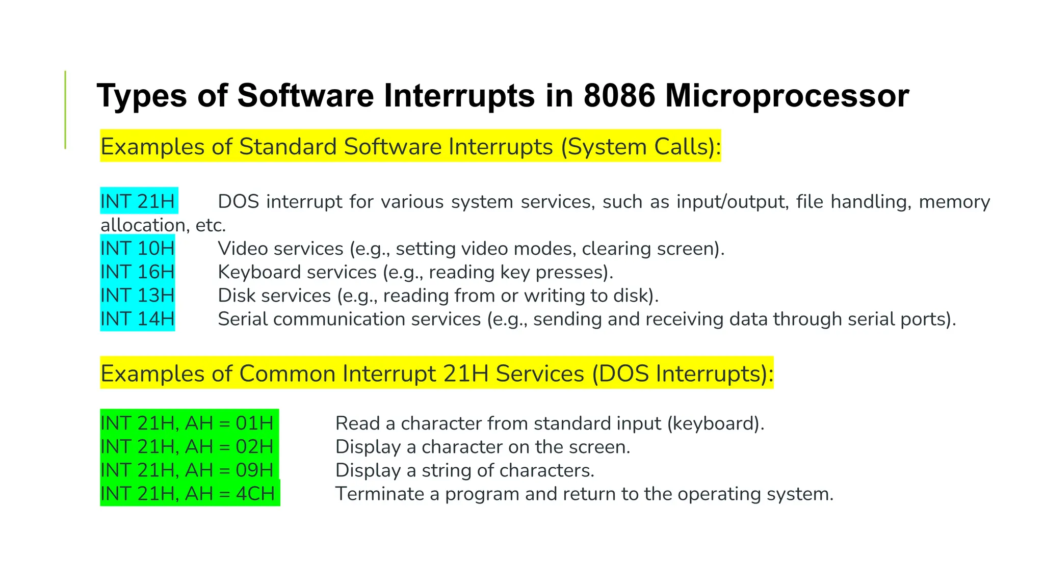 Types of Software Interrupts in 8086 Microprocessor
Examples of Standard Software Interrupts (System Calls):
INT 21H DOS interrupt for various system services, such as input/output, file handling, memory
allocation, etc.
INT 10H Video services (e.g., setting video modes, clearing screen).
INT 16H Keyboard services (e.g., reading key presses).
INT 13H Disk services (e.g., reading from or writing to disk).
INT 14H Serial communication services (e.g., sending and receiving data through serial ports).
Examples of Common Interrupt 21H Services (DOS Interrupts):
INT 21H, AH = 01H Read a character from standard input (keyboard).
INT 21H, AH = 02H Display a character on the screen.
INT 21H, AH = 09H Display a string of characters.
INT 21H, AH = 4CH Terminate a program and return to the operating system.
 