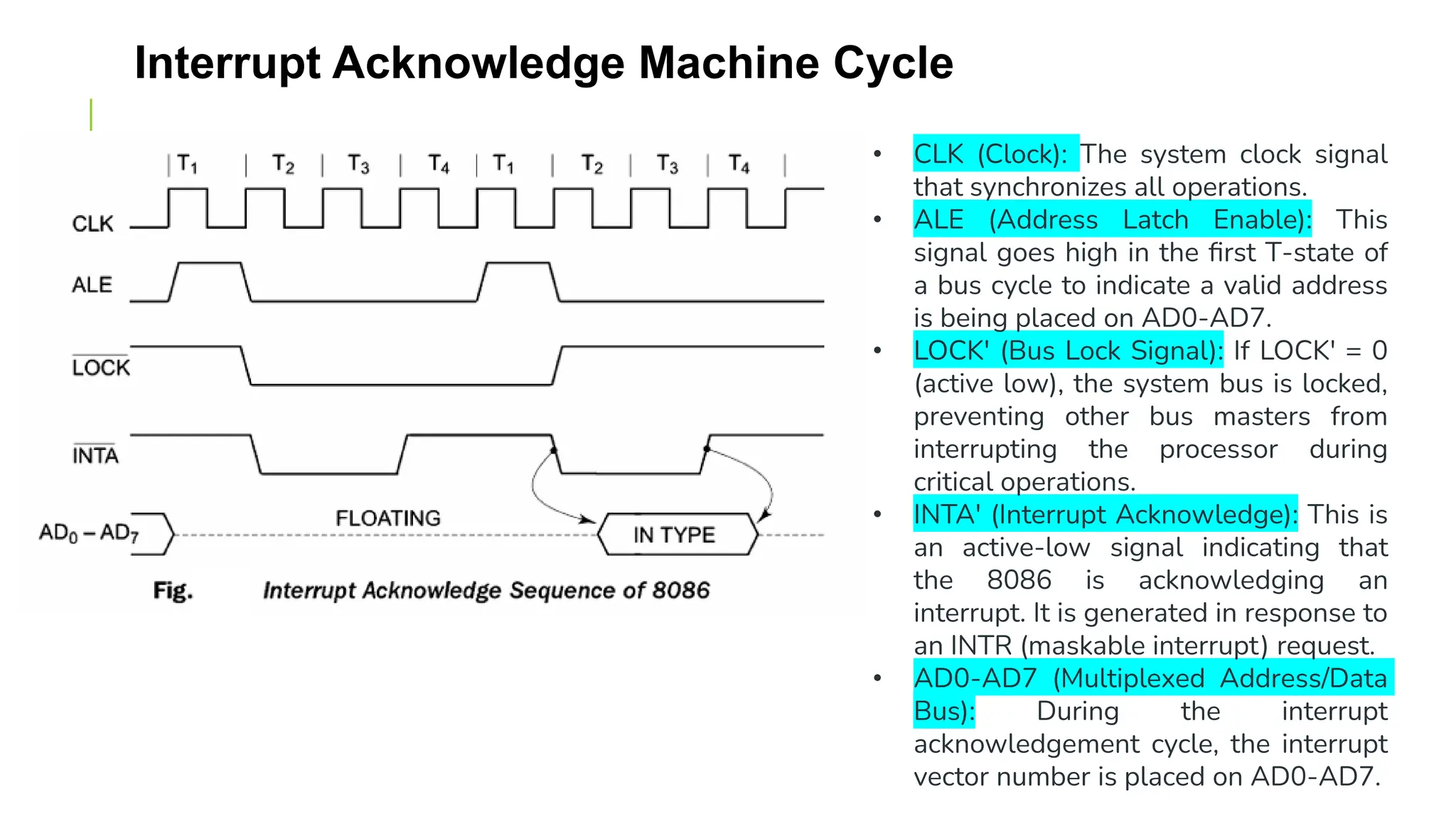 Interrupt Acknowledge Machine Cycle
• CLK (Clock): The system clock signal
that synchronizes all operations.
• ALE (Address Latch Enable): This
signal goes high in the first T-state of
a bus cycle to indicate a valid address
is being placed on AD0-AD7.
• LOCK' (Bus Lock Signal): If LOCK' = 0
(active low), the system bus is locked,
preventing other bus masters from
interrupting the processor during
critical operations.
• INTA' (Interrupt Acknowledge): This is
an active-low signal indicating that
the 8086 is acknowledging an
interrupt. It is generated in response to
an INTR (maskable interrupt) request.
• AD0-AD7 (Multiplexed Address/Data
Bus): During the interrupt
acknowledgement cycle, the interrupt
vector number is placed on AD0-AD7.
 