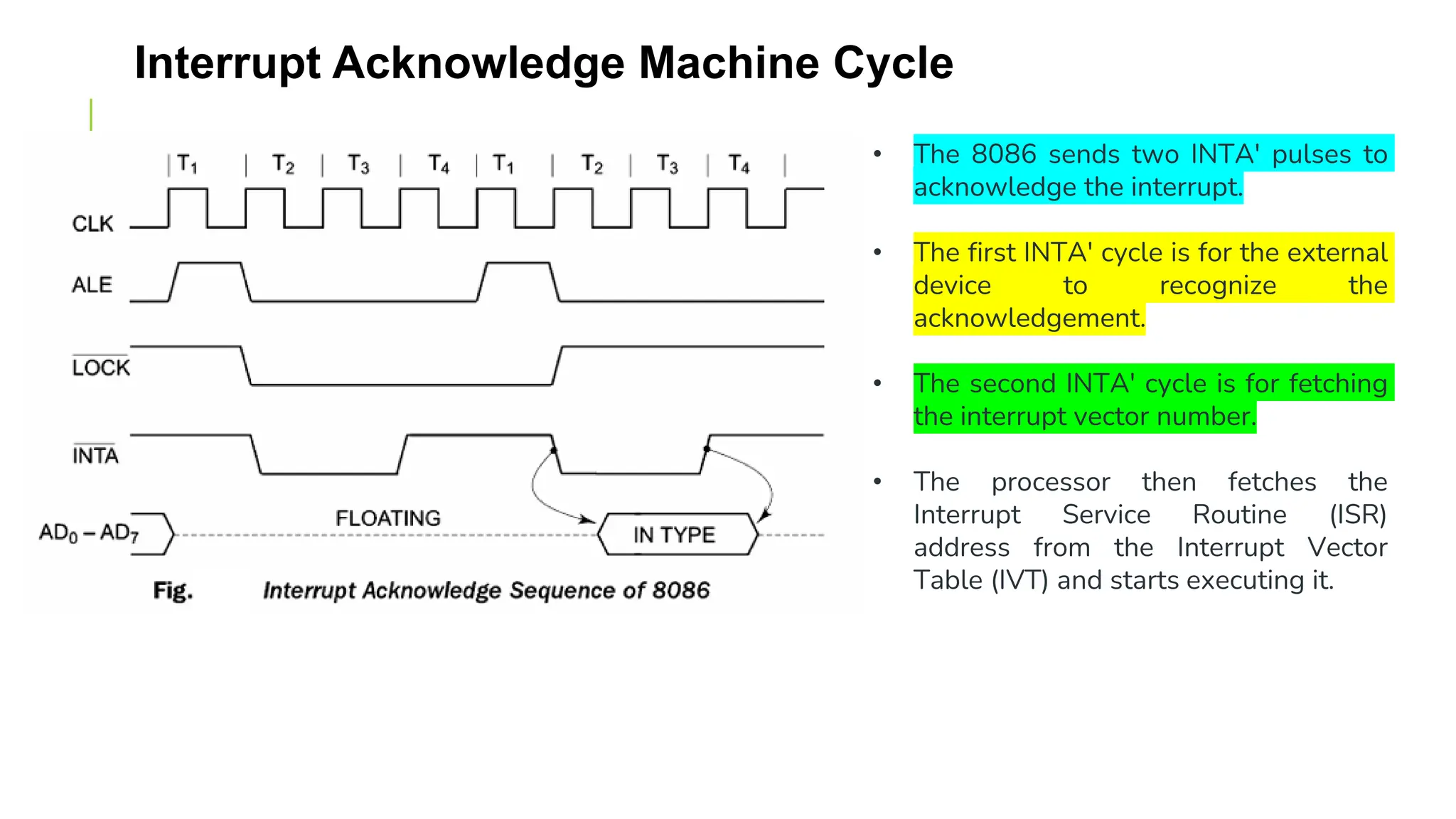 Interrupt Acknowledge Machine Cycle
• The 8086 sends two INTA' pulses to
acknowledge the interrupt.
• The first INTA' cycle is for the external
device to recognize the
acknowledgement.
• The second INTA' cycle is for fetching
the interrupt vector number.
• The processor then fetches the
Interrupt Service Routine (ISR)
address from the Interrupt Vector
Table (IVT) and starts executing it.
 