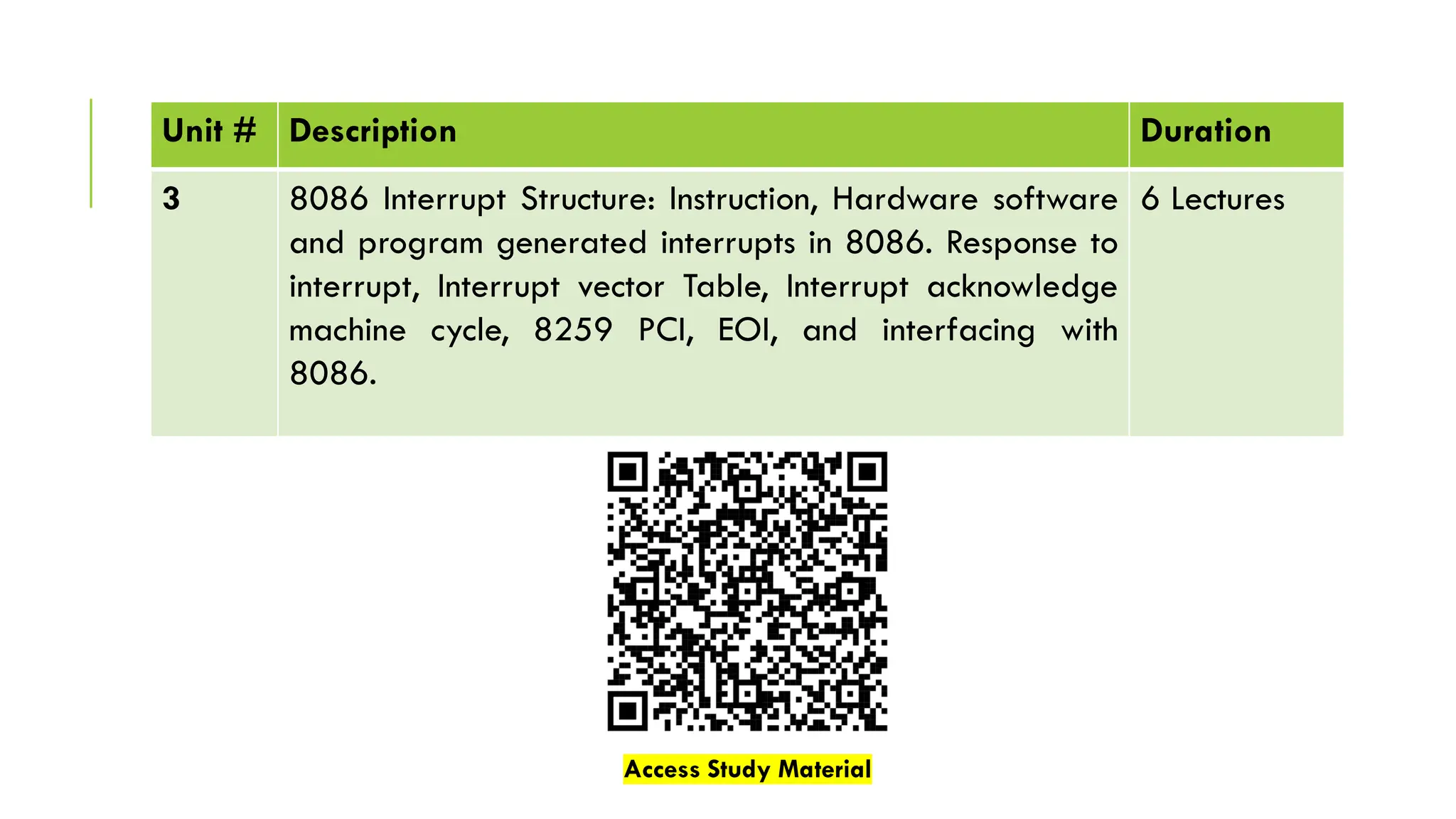 Unit # Description Duration
3 8086 Interrupt Structure: Instruction, Hardware software
and program generated interrupts in 8086. Response to
interrupt, Interrupt vector Table, Interrupt acknowledge
machine cycle, 8259 PCI, EOI, and interfacing with
8086.
6 Lectures
Access Study Material
 