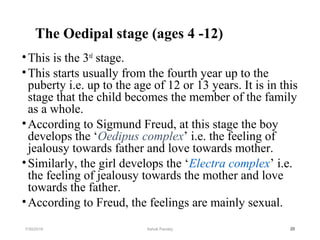 The Oedipal stage (ages 4 -12)
•This is the 3rd
stage.
•This starts usually from the fourth year up to the
puberty i.e. up to the age of 12 or 13 years. It is in this
stage that the child becomes the member of the family
as a whole.
•According to Sigmund Freud, at this stage the boy
develops the ‘Oedipus complex’ i.e. the feeling of
jealousy towards father and love towards mother.
•Similarly, the girl develops the ‘Electra complex’ i.e.
the feeling of jealousy towards the mother and love
towards the father.
•According to Freud, the feelings are mainly sexual.
207/30/2019 Ashok Pandey
 