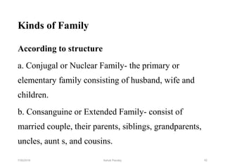 Kinds of Family
According to structure
a. Conjugal or Nuclear Family- the primary or
elementary family consisting of husband, wife and
children.
b. Consanguine or Extended Family- consist of
married couple, their parents, siblings, grandparents,
uncles, aunt s, and cousins.
427/30/2019 Ashok Pandey
 
