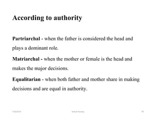 According to authority
Partriarchal - when the father is considered the head and
plays a dominant role.
Matriarchal - when the mother or female is the head and
makes the major decisions.
Equalitarian - when both father and mother share in making
decisions and are equal in authority.
457/30/2019 Ashok Pandey
 