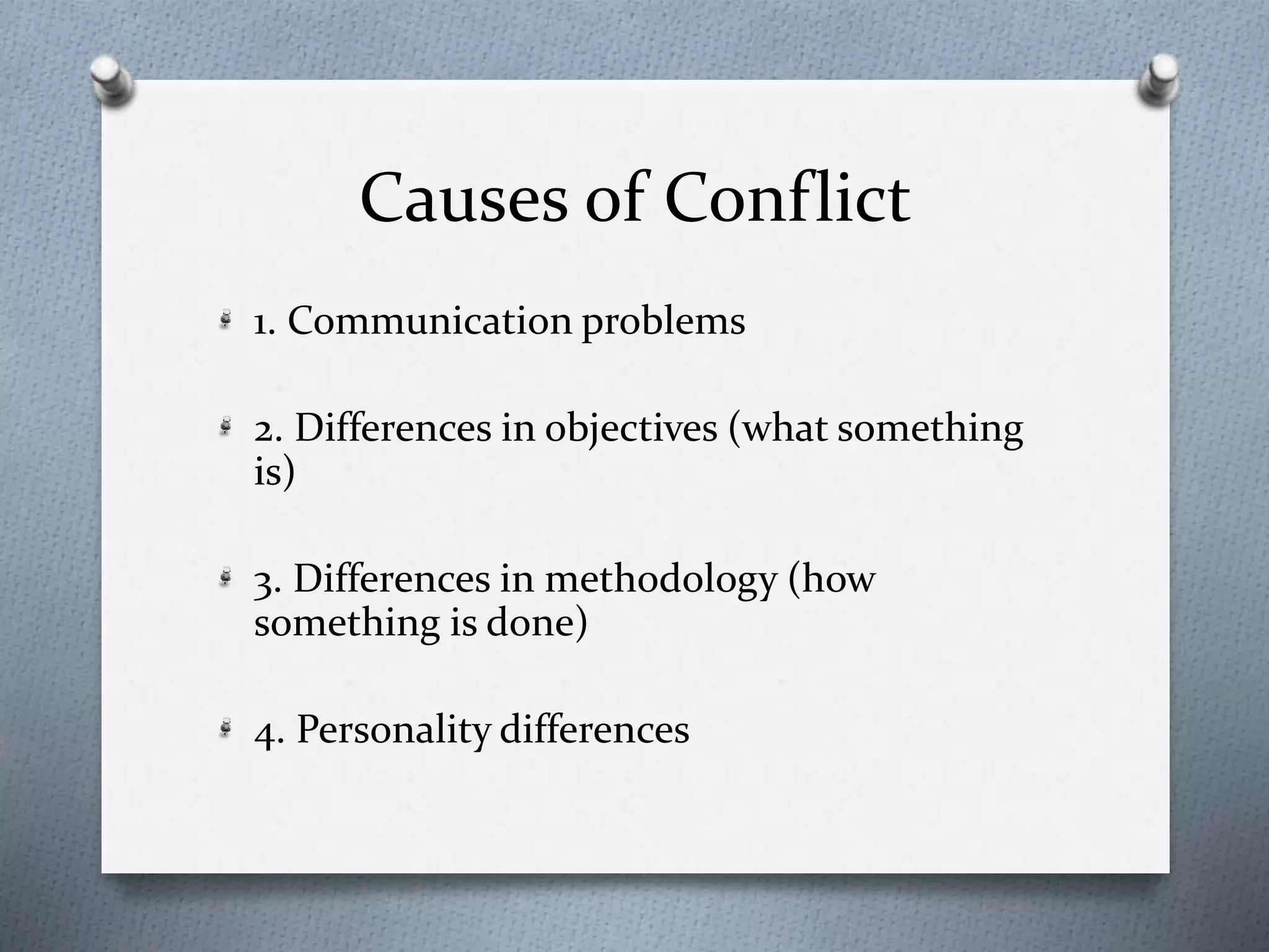 Causes of Conflict 
1. Communication problems 
2. Differences in objectives (what something 
is) 
3. Differences in methodology (how 
something is done) 
4. Personality differences 
 