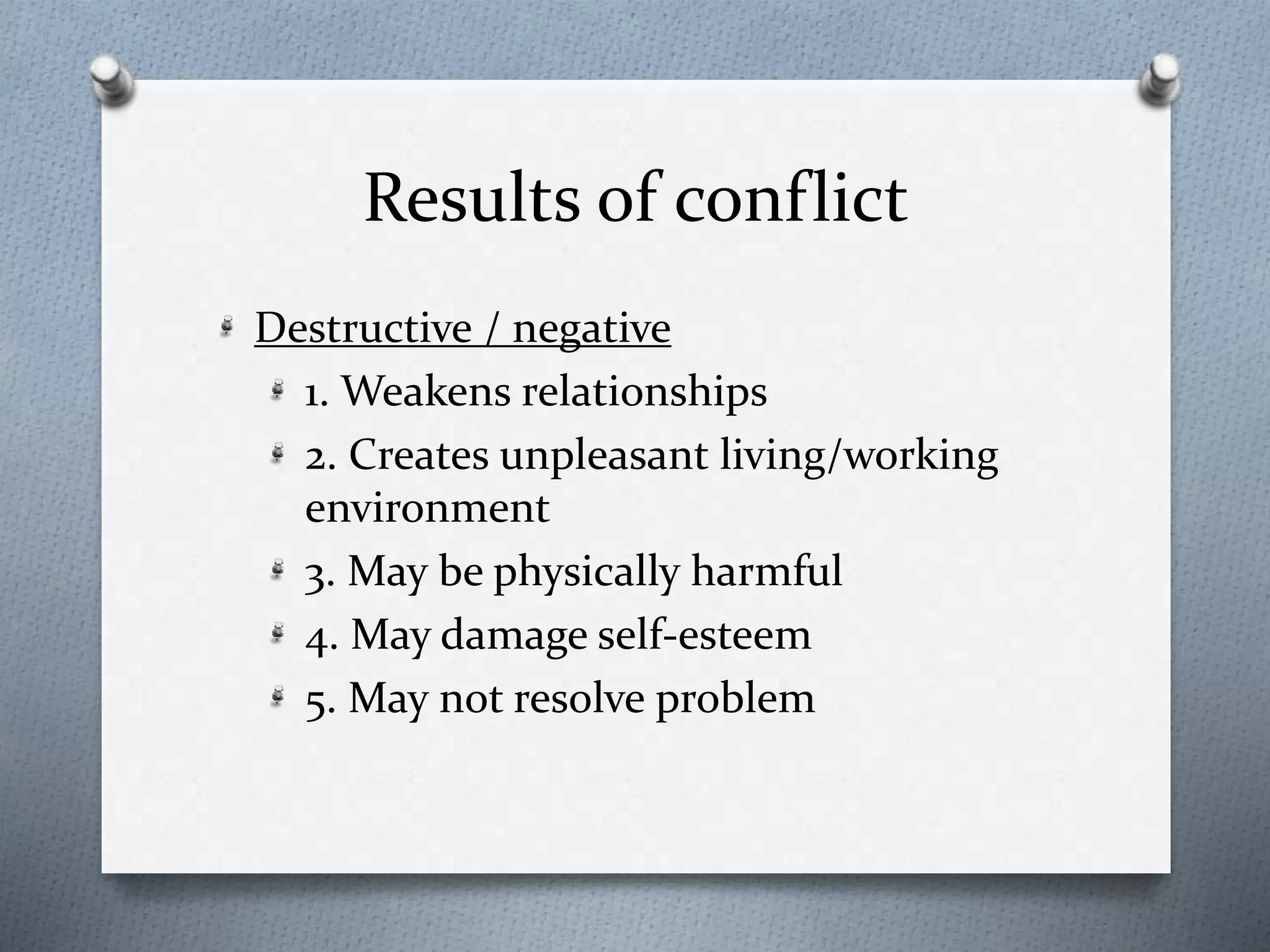 Results of conflict 
Destructive / negative 
1. Weakens relationships 
2. Creates unpleasant living/working 
environment 
3. May be physically harmful 
4. May damage self-esteem 
5. May not resolve problem 
 