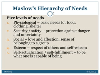 Maslow’s Hierarchy of Needs
7/16/2014Marketing
1
2
Five levels of needs
1. Physiological – basic needs for food,
clothing, shelter
2. Security / safety – protection against danger
and uncertainty
3. Social – love and affection, sense of
belonging to a group
4. Esteem – respect of others and self-esteem
5. Self-actualization / self-fulfillment – to be
what one is capable of being
 