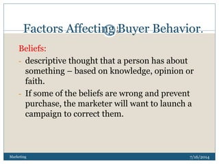 Factors Affecting Buyer Behavior.
7/16/2014Marketing
1
6
Beliefs:
- descriptive thought that a person has about
something – based on knowledge, opinion or
faith.
- If some of the beliefs are wrong and prevent
purchase, the marketer will want to launch a
campaign to correct them.
 