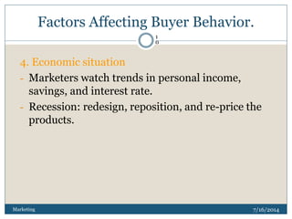 Factors Affecting Buyer Behavior.
7/16/2014Marketing
1
0
4. Economic situation
- Marketers watch trends in personal income...