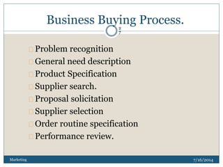 Business Buying Process.
7/16/2014Marketing
2
7
Problem recognition
General need description
Product Specification
Supplie...
