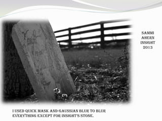 Sammi
Ahern
Insight
2013
I used quick mask and Gaussian Blur to blur
everything except for insight’s stone.