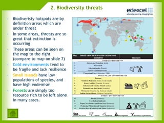 2. Biodiversity threats  Biodiveristy hotspots are by definition areas which are under threat In some areas, threats are so great that extinction is occurring  These areas can be seen on the map to the right (compare to map on slide 7) Cold environments  tend to be fragile and lack resilience Small islands  have low populations of species, and have high endemism Forests  are simply too resource rich to be left alone in many cases.  