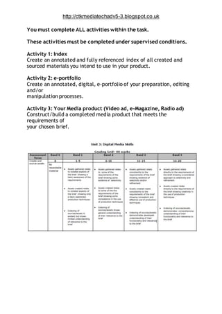 http://ctkmediatechadv5-3.blogspot.co.uk
You must complete ALL activities within the task.
These activities must be completed under supervised conditions.
Activity 1: Index
Create an annotated and fully referenced index of all created and
sourced materials you intend to use in your product.
Total for Activity 1 = 20 marks
Activity 2: e-portfolio
Create an annotated, digital, e-portfolio of your preparation, editing
and/or
manipulation processes.
Total for Activity 2 = 20 marks
Activity 3: Your Media product (Video ad, e-Magazine, Radio ad)
Construct/build a completed media product that meets the
requirements of
your chosen brief.
Total for Activity 3 =
0 marks
 