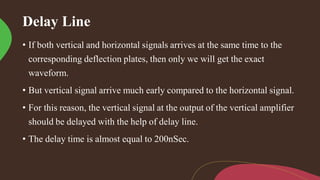 Delay Line
• If both vertical and horizontal signals arrives at the same time to the
corresponding deflection plates, then only we will get the exact
waveform.
• But vertical signal arrive much early compared to the horizontal signal.
• For this reason, the vertical signal at the output of the vertical amplifier
should be delayed with the help of delay line.
• The delay time is almost equal to 200nSec.
 
