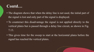 Contd…
• The diagram shows that when the delay line is not used, the initial part of
the signal is lost and only part of the signal is displayed.
• To counteract this disadvantage the signal is not applied directly to the
vertical plates but is passed through a delay line circuit, as shown in Fig.
7.13.
• This gives time for the sweep to start at the horizontal plates before the
signal has reached the vertical plates.
 