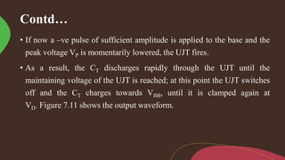 Contd…
• If now a –ve pulse of sufficient amplitude is applied to the base and the
peak voltage VP is momentarily lowered, the UJT fires.
• As a result, the CT discharges rapidly through the UJT until the
maintaining voltage of the UJT is reached; at this point the UJT switches
off and the CT charges towards VBB, until it is clamped again at
VD. Figure 7.11 shows the output waveform.
 