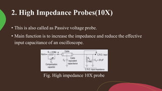 2. High Impedance Probes(10X)
• This is also called as Passive voltage probe.
• Main function is to increase the impedance and reduce the effective
input capacitance of an oscilloscope.
Fig. High impedance 10X probe
 