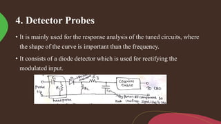 4. Detector Probes
• It is mainly used for the response analysis of the tuned circuits, where
the shape of the curve is important than the frequency.
• It consists of a diode detector which is used for rectifying the
modulated input.
 