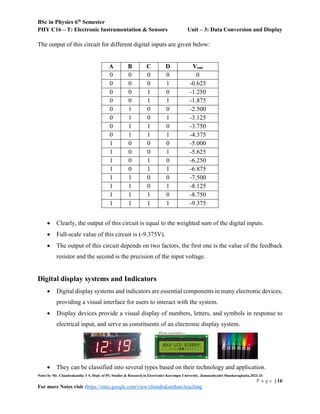 BSc in Physics 6th
Semester
PHY C16 – T: Electronic Instrumentation & Sensors Unit – 3: Data Conversion and Display
Notes by Mr. Chandrakantha T S, Dept. of PG Studies & Research in Electronics Kuvempu University, Jnanasahyadri Shankaraghatta,2023-24
P a g e | 16
For more Notes visit :https://sites.google.com/view/chandrakanthats/teaching
The output of this circuit for different digital inputs are given below:
A B C D Vout
0 0 0 0 0
0 0 0 1 -0.625
0 0 1 0 -1.250
0 0 1 1 -1.875
0 1 0 0 -2.500
0 1 0 1 -3.125
0 1 1 0 -3.750
0 1 1 1 -4.375
1 0 0 0 -5.000
1 0 0 1 -5.625
1 0 1 0 -6.250
1 0 1 1 -6.875
1 1 0 0 -7.500
1 1 0 1 -8.125
1 1 1 0 -8.750
1 1 1 1 -9.375
 Clearly, the output of this circuit is equal to the weighted sum of the digital inputs.
 Full-scale value of this circuit is (-9.375V).
 The output of this circuit depends on two factors, the first one is the value of the feedback
resistor and the second is the precision of the input voltage.
Digital display systems and Indicators
 Digital display systems and indicators are essential components in many electronic devices,
providing a visual interface for users to interact with the system.
 Display devices provide a visual display of numbers, letters, and symbols in response to
electrical input, and serve as constituents of an electronic display system.
 They can be classified into several types based on their technology and application.
 