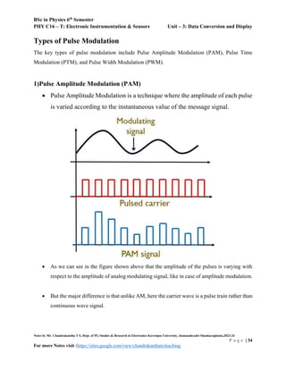 BSc in Physics 6th
Semester
PHY C16 – T: Electronic Instrumentation & Sensors Unit – 3: Data Conversion and Display
Notes by Mr. Chandrakantha T S, Dept. of PG Studies & Research in Electronics Kuvempu University, Jnanasahyadri Shankaraghatta,2023-24
P a g e | 34
For more Notes visit :https://sites.google.com/view/chandrakanthats/teaching
Types of Pulse Modulation
The key types of pulse modulation include Pulse Amplitude Modulation (PAM), Pulse Time
Modulation (PTM), and Pulse Width Modulation (PWM).
1)Pulse Amplitude Modulation (PAM)
 Pulse Amplitude Modulation is a technique where the amplitude of each pulse
is varied according to the instantaneous value of the message signal.
 As we can see in the figure shown above that the amplitude of the pulses is varying with
respect to the amplitude of analog modulating signal, like in case of amplitude modulation.
 But the major difference is that unlike AM, here the carrier wave is a pulse train rather than
continuous wave signal.
 