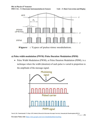 BSc in Physics 6th
Semester
PHY C16 – T: Electronic Instrumentation & Sensors Unit – 3: Data Conversion and Display
Notes by Mr. Chandrakantha T S, Dept. of PG Studies & Research in Electronics Kuvempu University, Jnanasahyadri Shankaraghatta,2023-24
P a g e | 36
For more Notes visit :https://sites.google.com/view/chandrakanthats/teaching
a) Pulse width modulation (PWM) /Pulse Duration Modulation (PDM)
 Pulse Width Modulation (PWM), or Pulse Duration Modulation (PDM), is a
technique where the width (duration) of each pulse is varied in proportion to
the amplitude of the message signal.
 