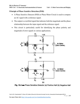 BSc in Physics 6th
Semester
PHY C16 – T: Electronic Instrumentation & Sensors Unit – 3: Data Conversion and Display
Notes by Mr. Chandrakantha T S, Dept. of PG Studies & Research in Electronics Kuvempu University, Jnanasahyadri Shankaraghatta,2023-24
P a g e | 43
For more Notes visit :https://sites.google.com/view/chandrakanthats/teaching
Principle of Phase Sensitive Detection (PSD)
 A Phase Sensitive Detector (PSD) or Phase Meter Circuit is used to compare
an AC signal with a reference signal.
 The output is a rectified signal that indicates both the magnitude and the phase
relationship between the input signal and the reference signal.
 This circuit is particularly useful for identifying the phase polarity and
magnitude of error signals in various applications.
 